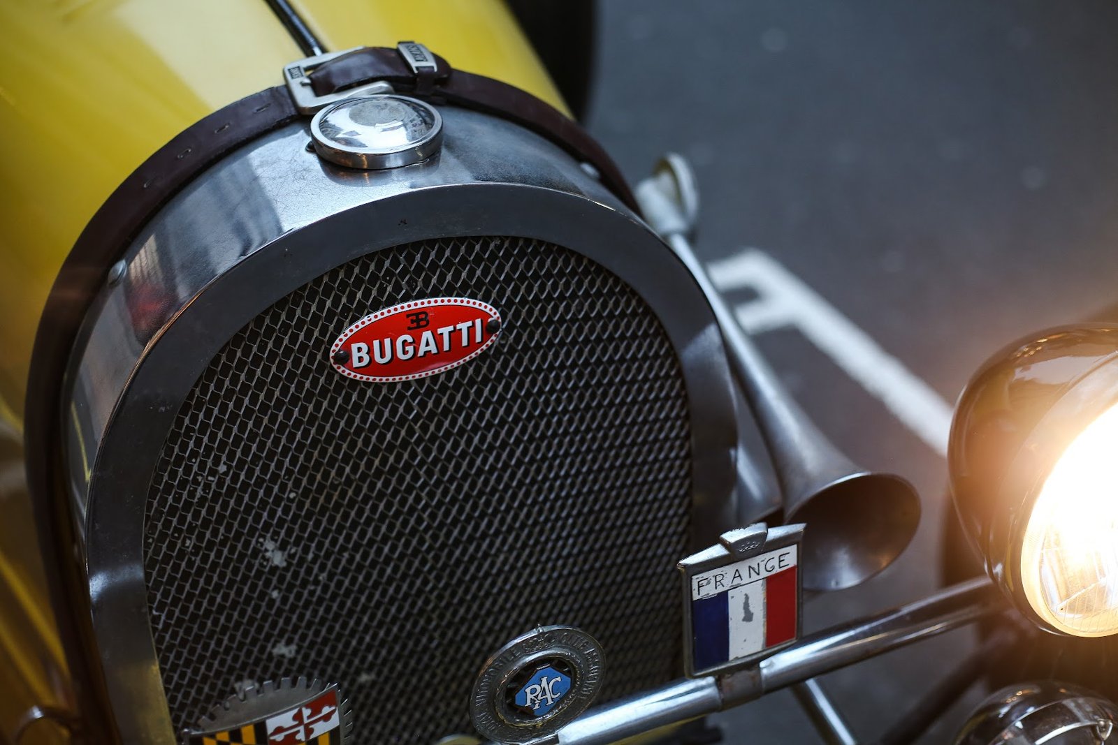 Bugatti Type 35B replica radiator grille and enamel badge detail