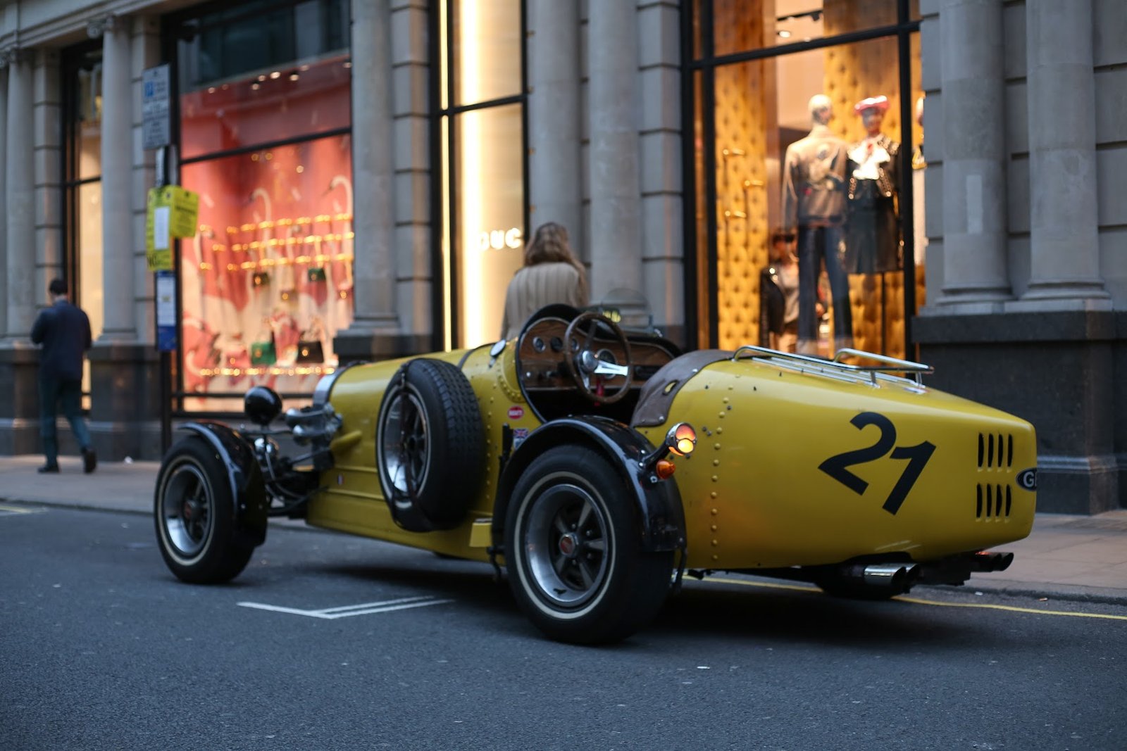 Boat-tail rear of the racing yellow Bugatti Type 35B replica on a London street