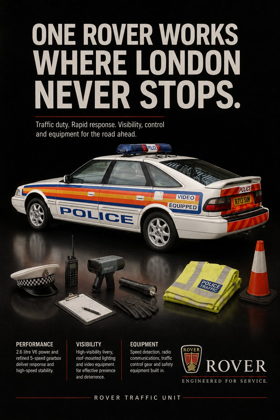Retro Rover Traffic Unit poster, One Rover works where London never stops, classic police car for hire from Klassic Garage