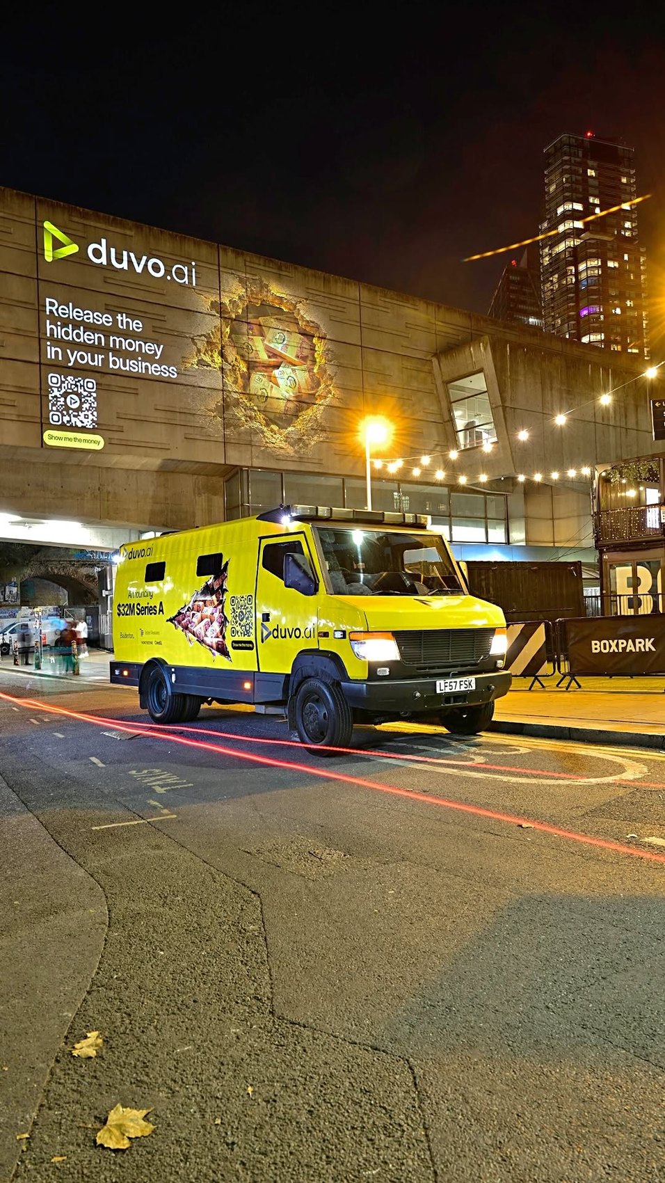 Security van wrapped for a brand activation PR stunt at night outside Boxpark Shoreditch in London