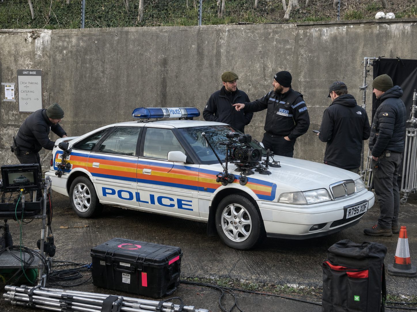 Rover 820 police car in period Metropolitan livery on a film set, rigged for camera