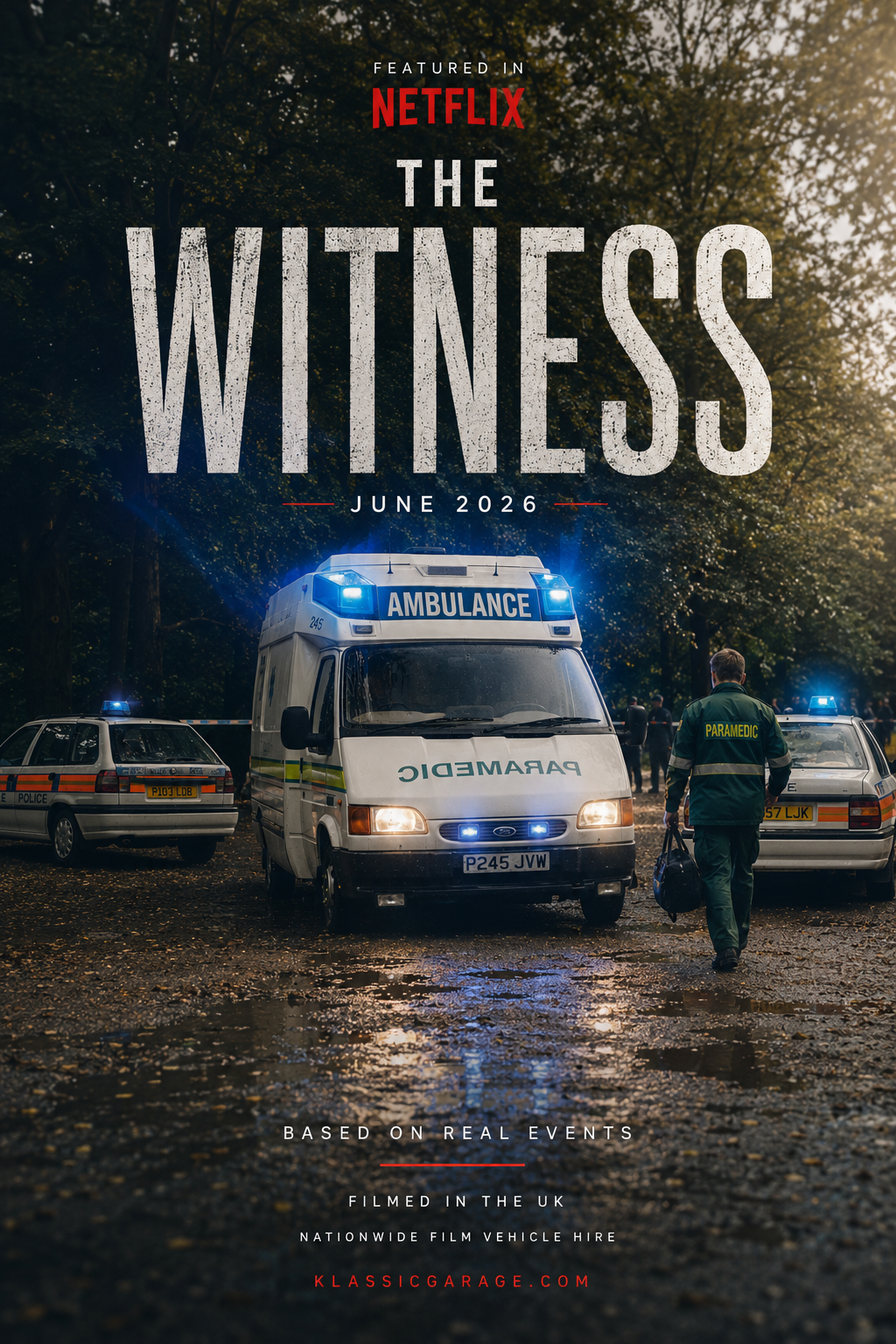 Poster artwork featuring Klassic Garage emergency vehicles and graphics